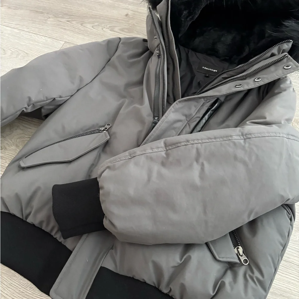 Mackage Gray Bomber Jacket with Black Fur Trim - Picture 3 of 8